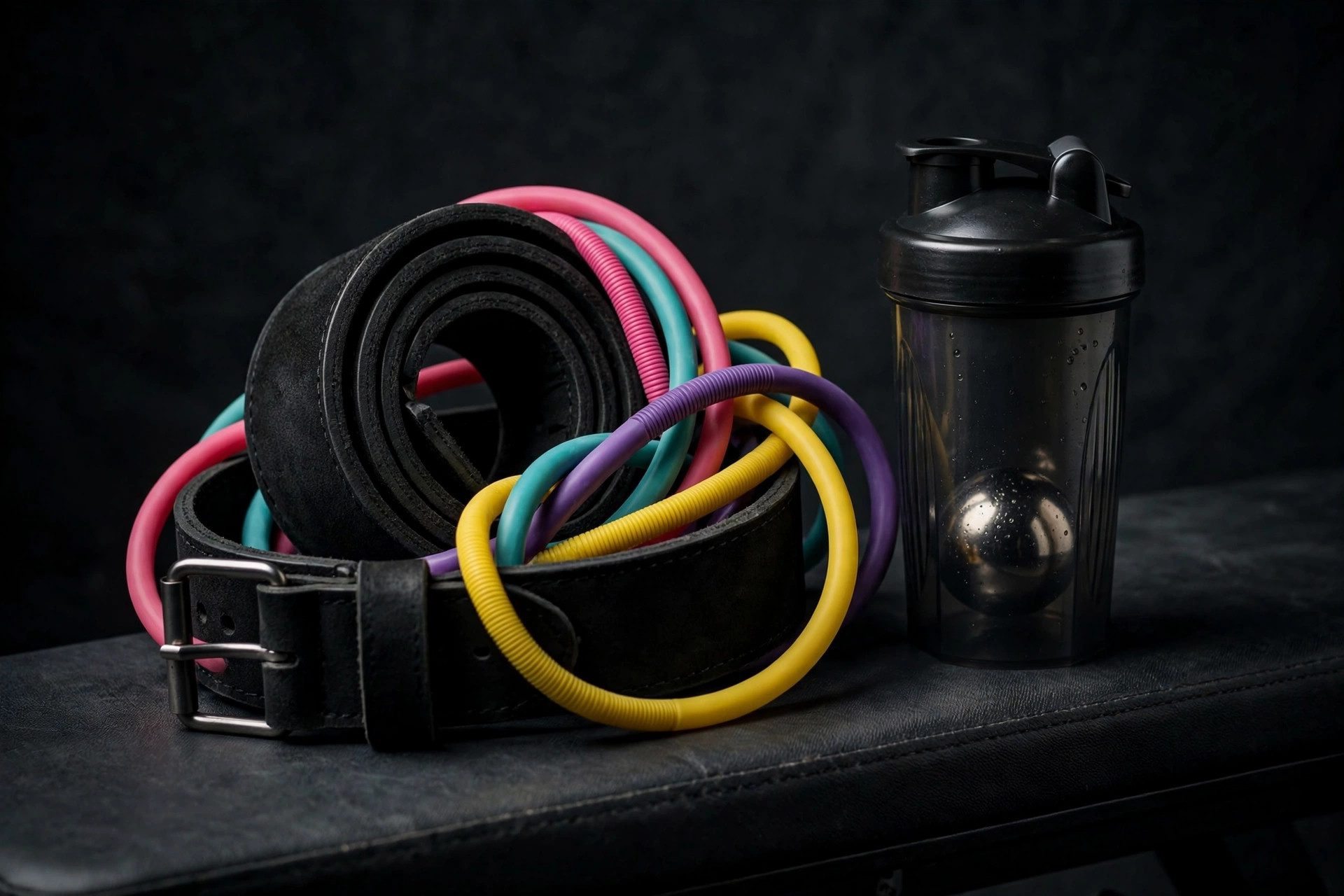 Resistance bands, lifting belt, and shaker bottle