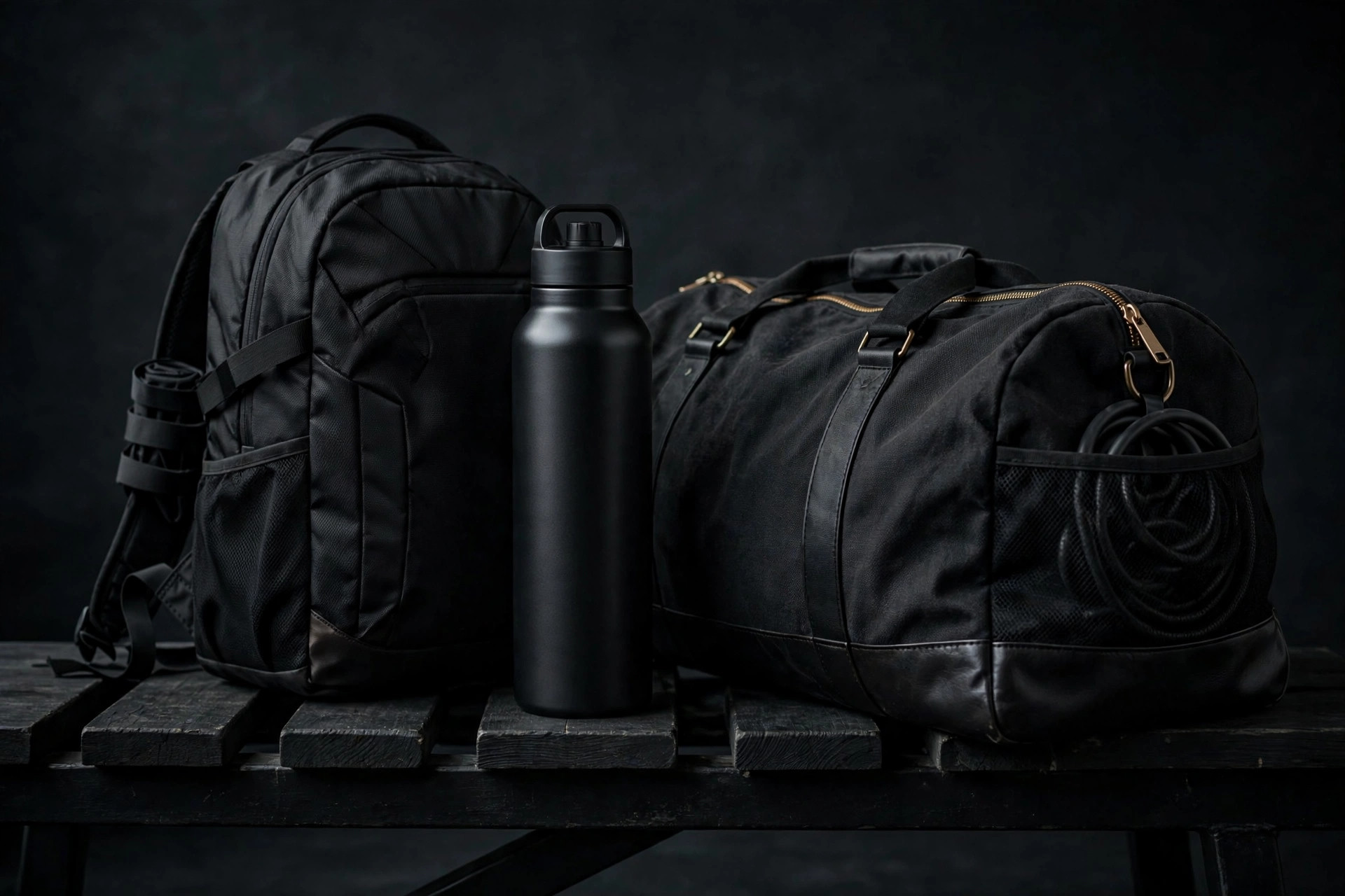 Gym duffel bag and backpack with a water bottle