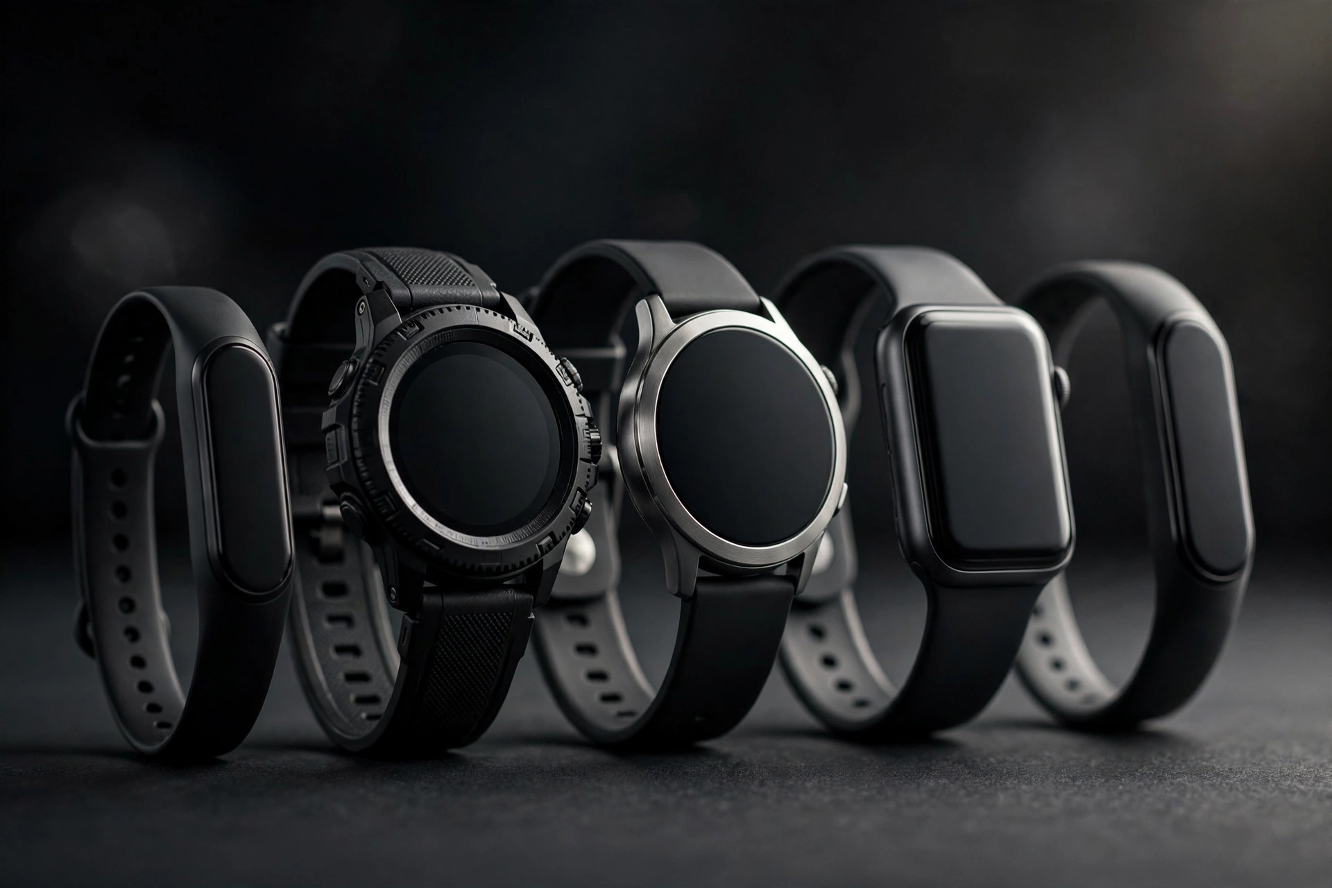 Lineup of fitness trackers and smartwatches