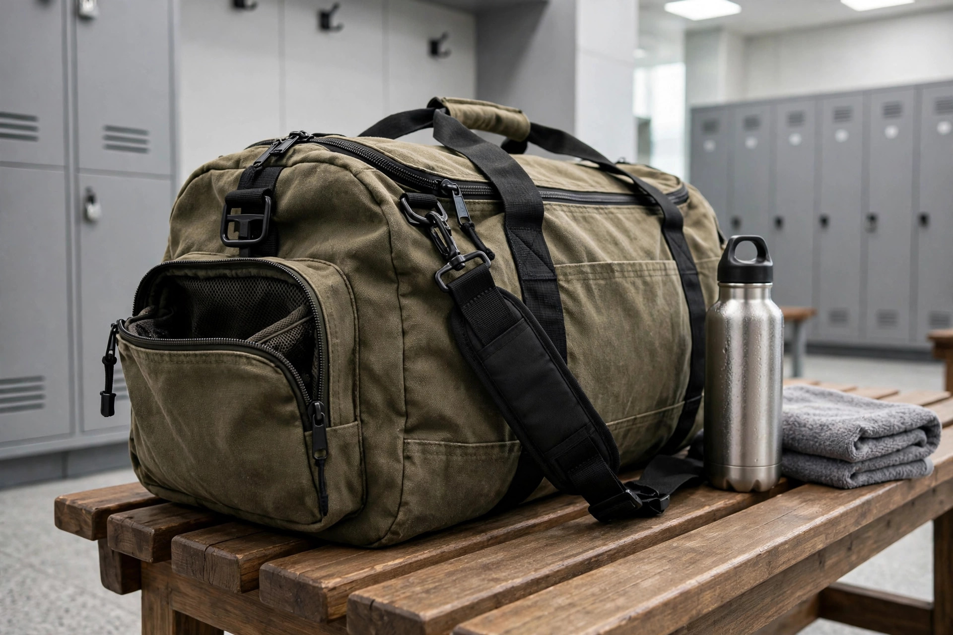 Canvas gym duffel bag with shoe compartment on a locker room bench