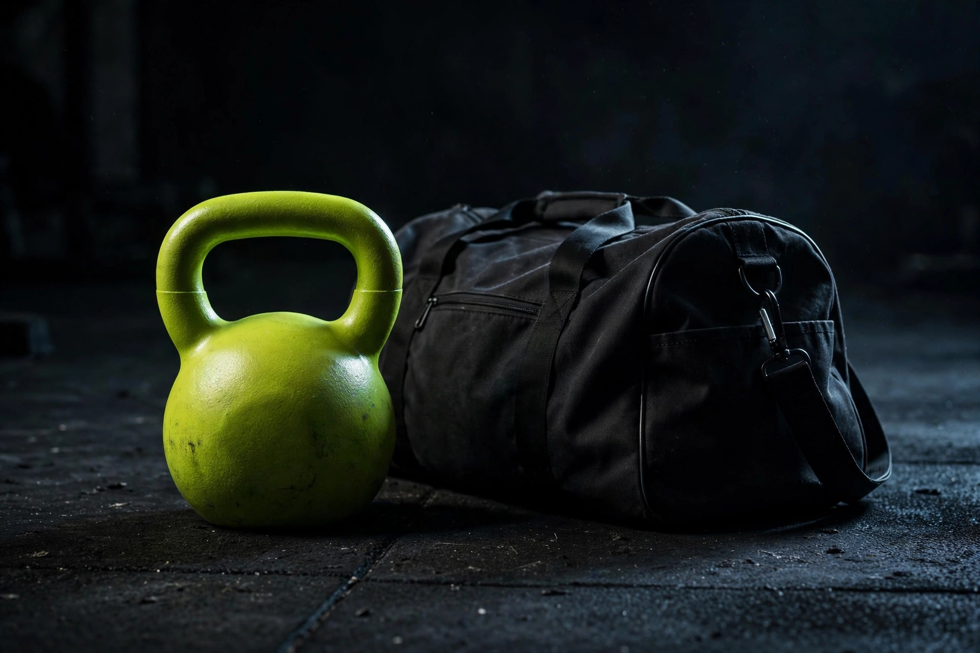 Dark gym scene with a lime-green kettlebell and duffel bag under dramatic lighting