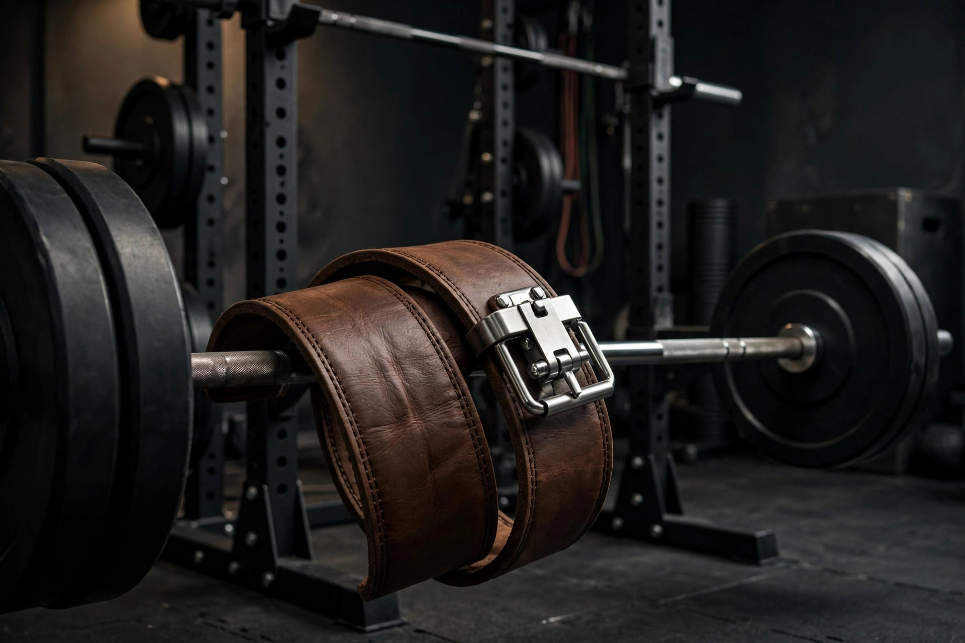 Leather weightlifting belt with lever buckle draped over a loaded barbell in a home gym